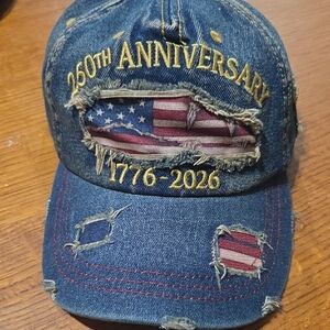 250th Anniversary Distressed Denim Baseball Cap with American Flag